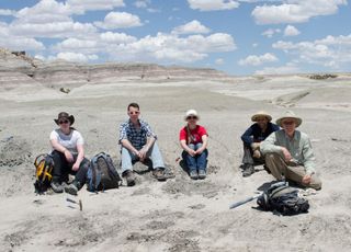 The researchers stop for a photo in northwestern New Mexico, where they found the fossil. From left to right: Sarah Shelley, Eric Davidson, Carissa Raymond, Steve Brusatte and Ross Secord.