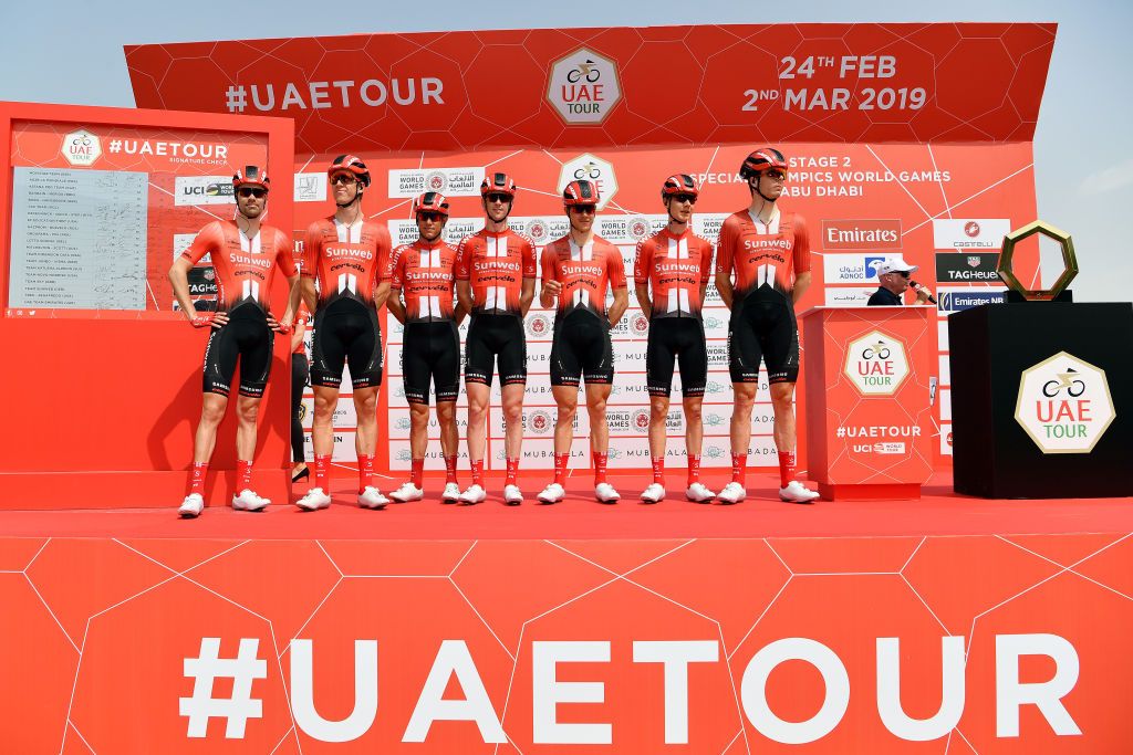 Chad Haga on stage with his Sunweb teammates ahead of stage 2 of the UAE Tour