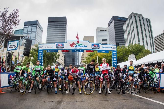 Riders come to the line in downtown Edmonton