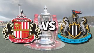 Sunderland and Newcastle Utd football club logos over an image of the FA Cup Trophy