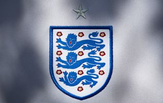 England home kit for Euro 2024: The England badge showing the three lions on their home shirt ahead of the UEFA 2020 European Football Championship on May 27, 2021 in Manchester, United Kingdom.