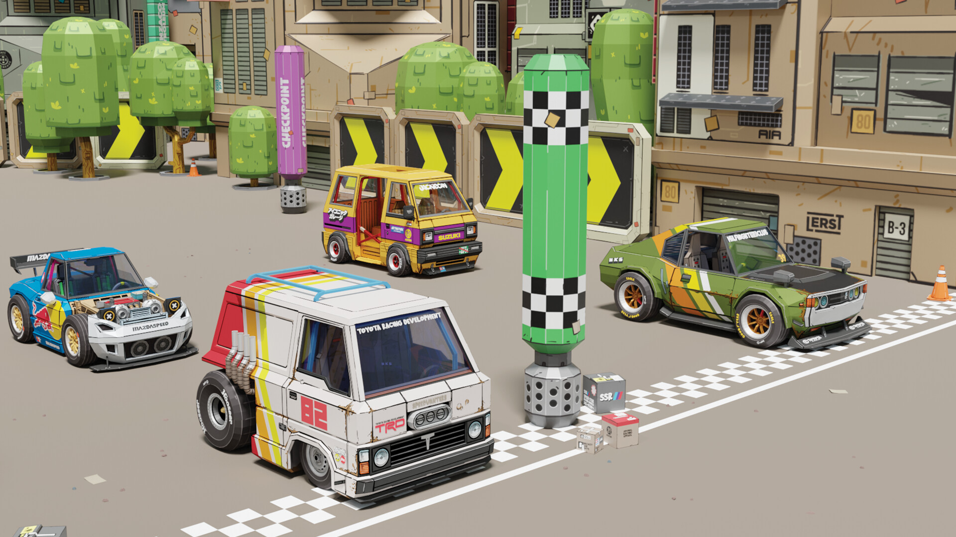Four blocky, retro cars by the starting line of a race.
