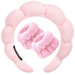 Zkptops Spa Headband for Washing Face Wristband Sponge Makeup Skincare Headband Terry Cloth Bubble Soft Get Ready Hairband for Women Girl Puffy Padded Headwear Non Slip Thick Hair Accessory(pink)