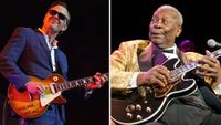 Joe Bonamassa [left] wears a dark blue suit and shades as he performs with a Gibson Les Paul in 2024. BB King [right] has a mischevious look on his face as he performs seated with Lucille.