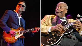 Joe Bonamassa [left] wears a dark blue suit and shades as he performs with a Gibson Les Paul in 2024. BB King [right] has a mischevious look on his face as he performs seated with Lucille.