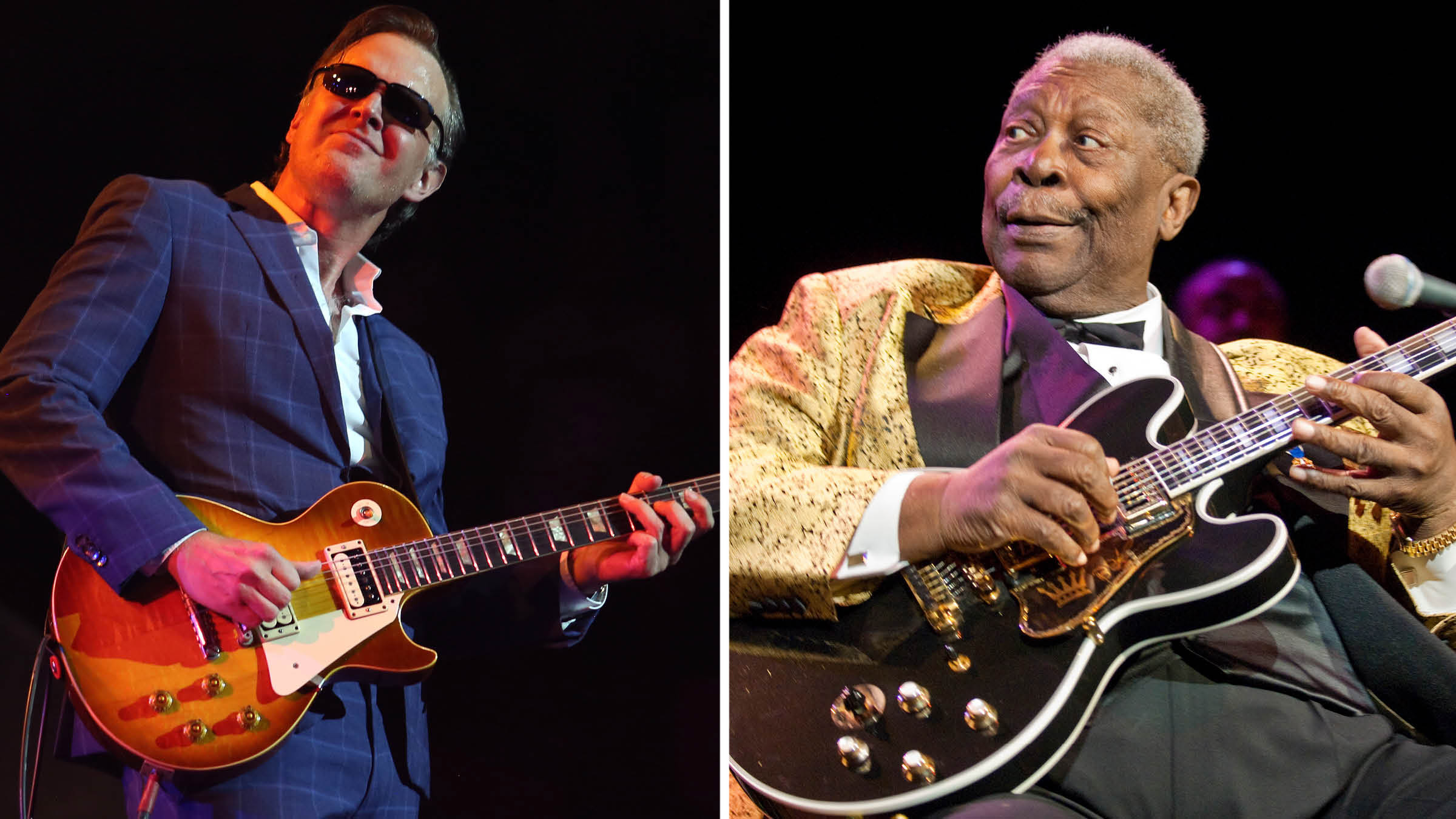 Joe Bonamassa [left] wears a dark blue suit and shades as he performs with a Gibson Les Paul in 2024. BB King [right] has a mischevious look on his face as he performs seated with Lucille.