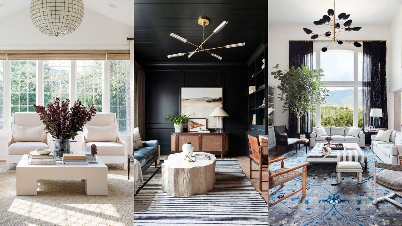 Three beautiful living rooms with carpets or rugs. Left is a neutral checkered one, middle is a striped black and white, and right is classic design with grays and blues