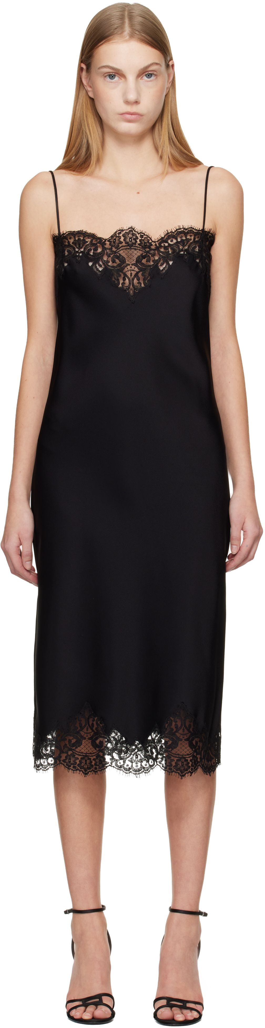 Black Sleeveless Lace Satin Midi Dress
