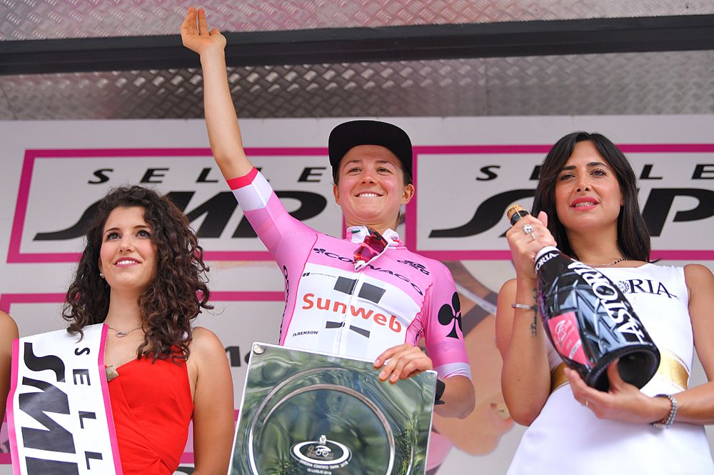 Ruth Winder (Sunweb) on the podium as the stage 5 winner at the Giro Rosa and new overall race leader