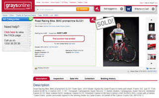 A signed Cadel Evans BMC raised $11,459 at auction for the South Australian Cancer Council.