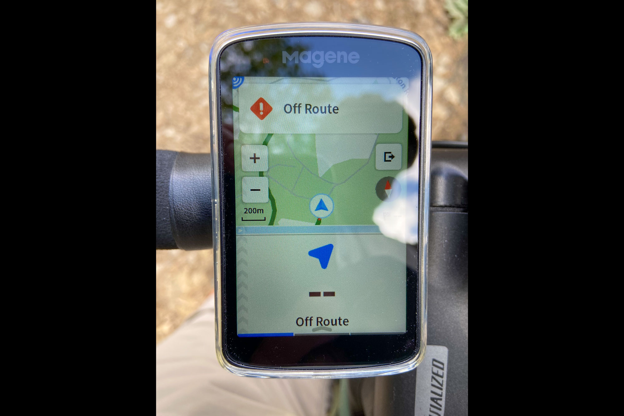 Magene C706 navigation screen showing Off Route warning.