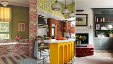 New Year decorating resolutions from interior designers, colorful bathroom with wallpaper, colorful kitchen with yellow kitchen island, cozy living room