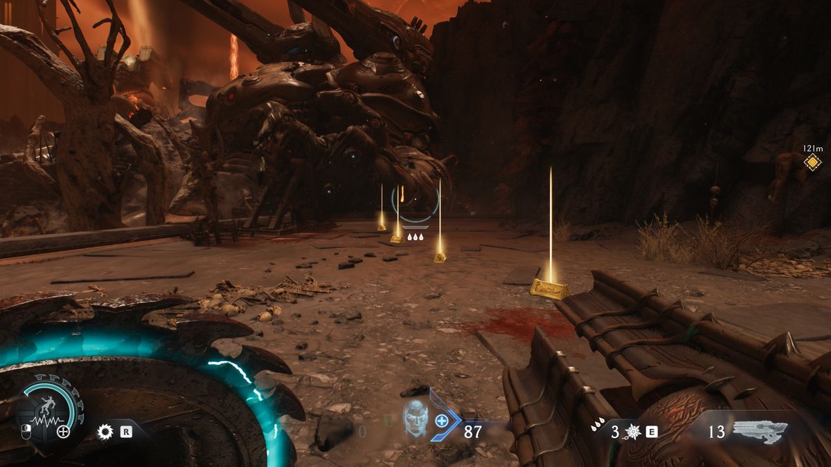 Doom: The Dark Ages The Forsaken Plains secrets and collectibles - A trail of gold leading towards a codex entry.