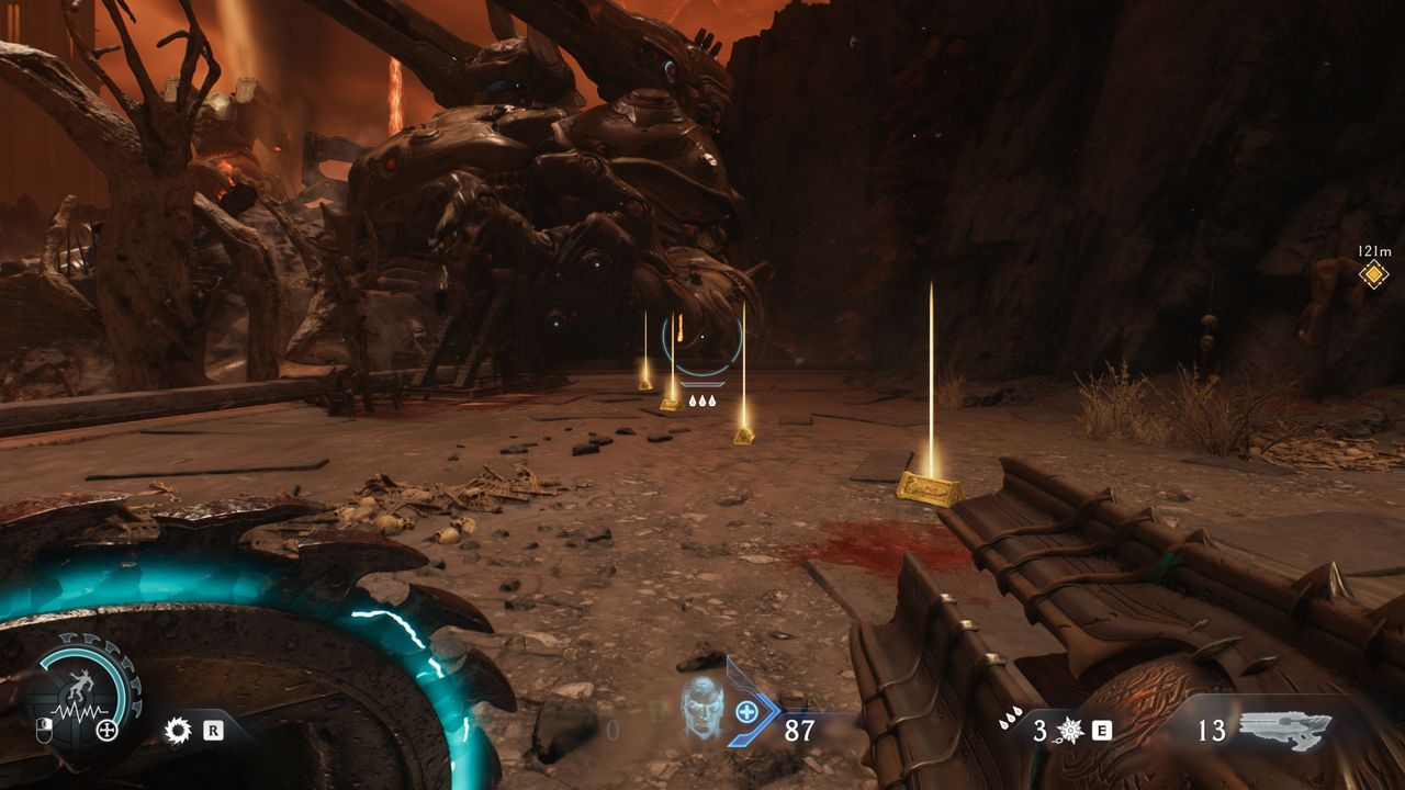 Doom: The Dark Ages The Forsaken Plains secrets and collectibles - A trail of gold leading towards a codex entry.