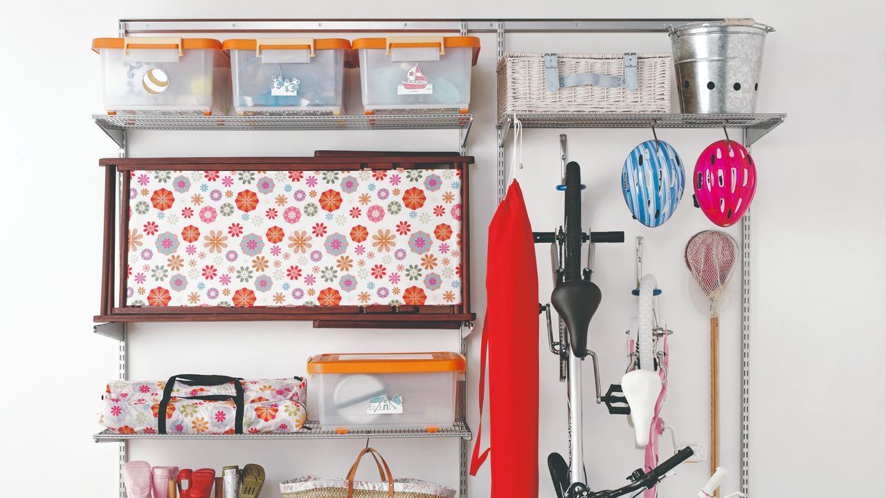 Organised shelves with storage boxes and bicycles