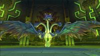 A three-headed dragon with large wings and glowing blue accents stands in a mystical, green-lit stone temple, exuding a menacing and powerful aura.