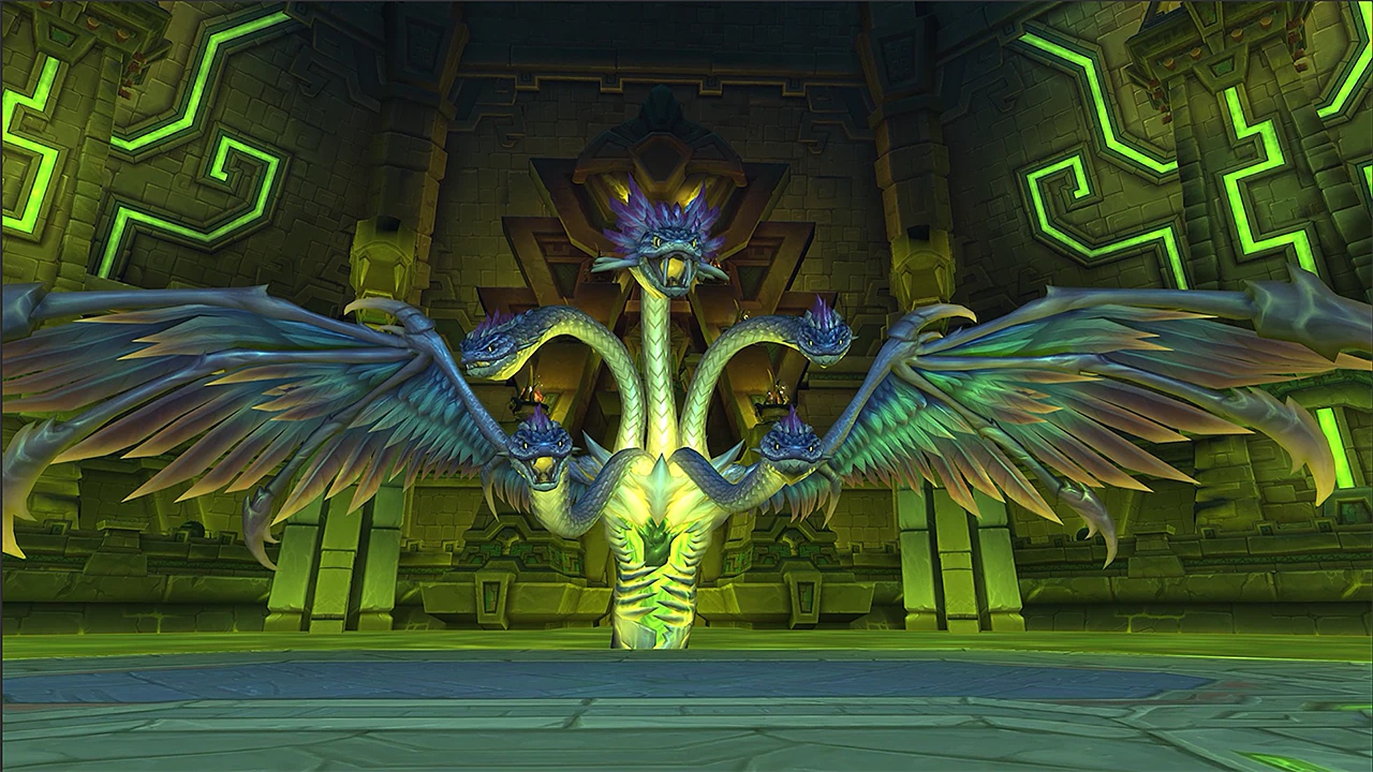 A three-headed dragon with large wings and glowing blue accents stands in a mystical, green-lit stone temple, exuding a menacing and powerful aura.