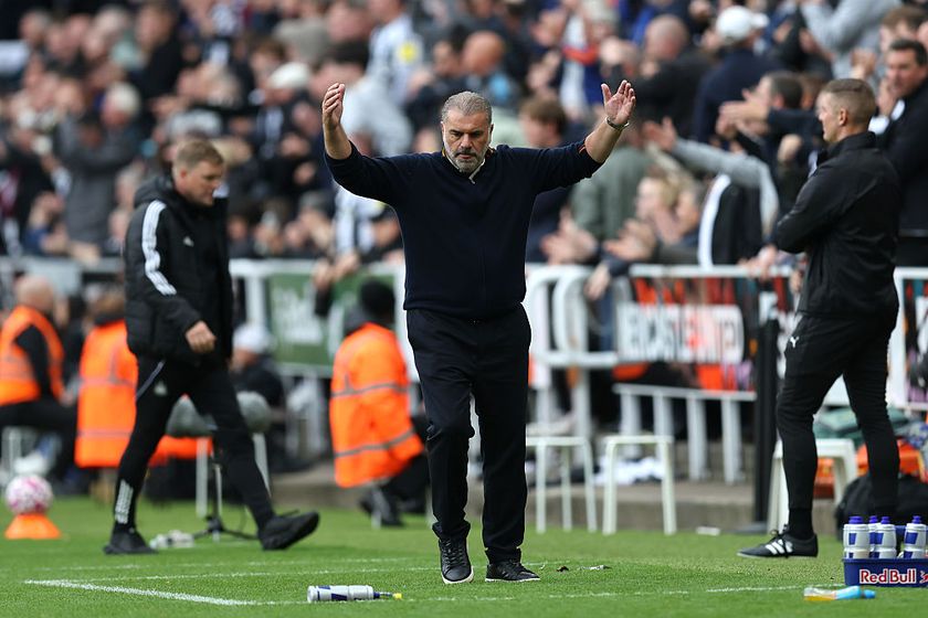 NEWCASTLE UPON TYNE, ENGLAND - OCTOBER 05: Ange Postecoglou, Manager of Nottingham Forest, reacts as a penalty is awarded to Newcastle United during the Premier League match between Newcastle United and Nottingham Forest at St James&amp;apos; Park on October 05, 2025 in Newcastle upon Tyne, England. (Photo by George Wood/Getty Images)