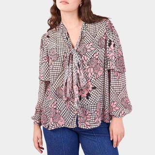 Celia Birtwell X Joanie - Jazz Flower Print Sheer Cape Sleeve Pussy Bow Blouse