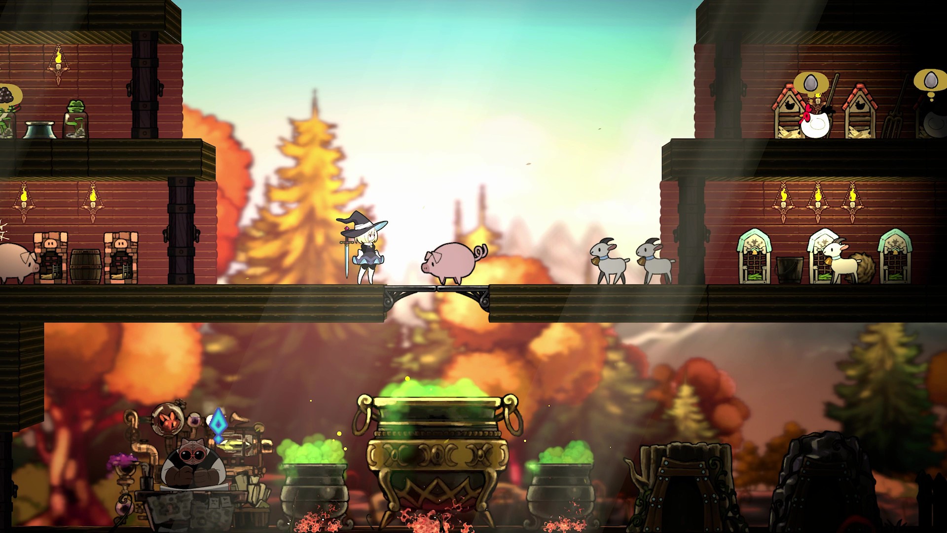 Never Grave: The Witch and The Curse screenshot showing a little witch character on a platform with some pigs and goats, and a cauldron can be seen below her