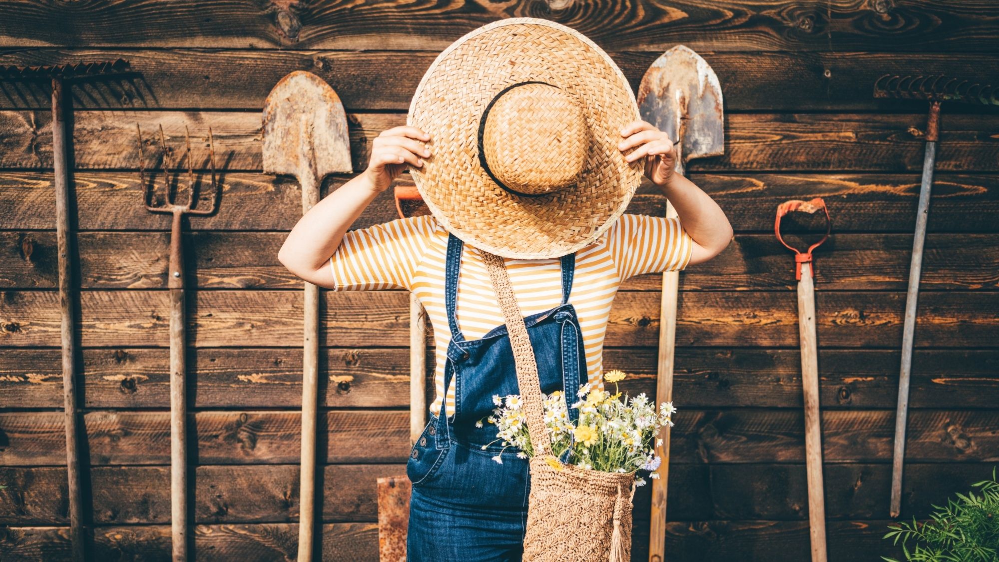 A woman in a straw hat and overalls playfully hides her face behind the hat while standing against a rustic wooden wall. The themes of relaxation, and the simple joys of country life.