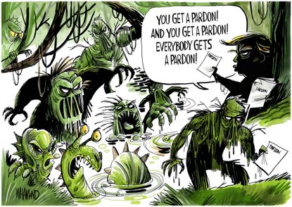 Political Cartoon U.S. Trump pardon spree drain the swamp