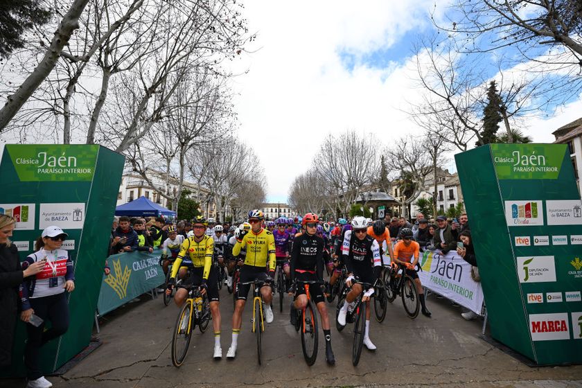 UBEDA SPAIN FEBRUARY 12 LR Sepp Kuss of The United States Wout Van Aert of Belgium and Team Visma Lease a Bike Carlos Rodriguez Cano of Spain and Team INEOS Grenadiers and Juan Ayuso Pesquera of Spain and UAE Team Emirates prior to the 3rd Clasica Jaen Paraiso Interior 2024 a 1583km one day race from Baeza to Ubeda on February 12 2024 in Baeza Spain Photo by Tim de WaeleGetty Images