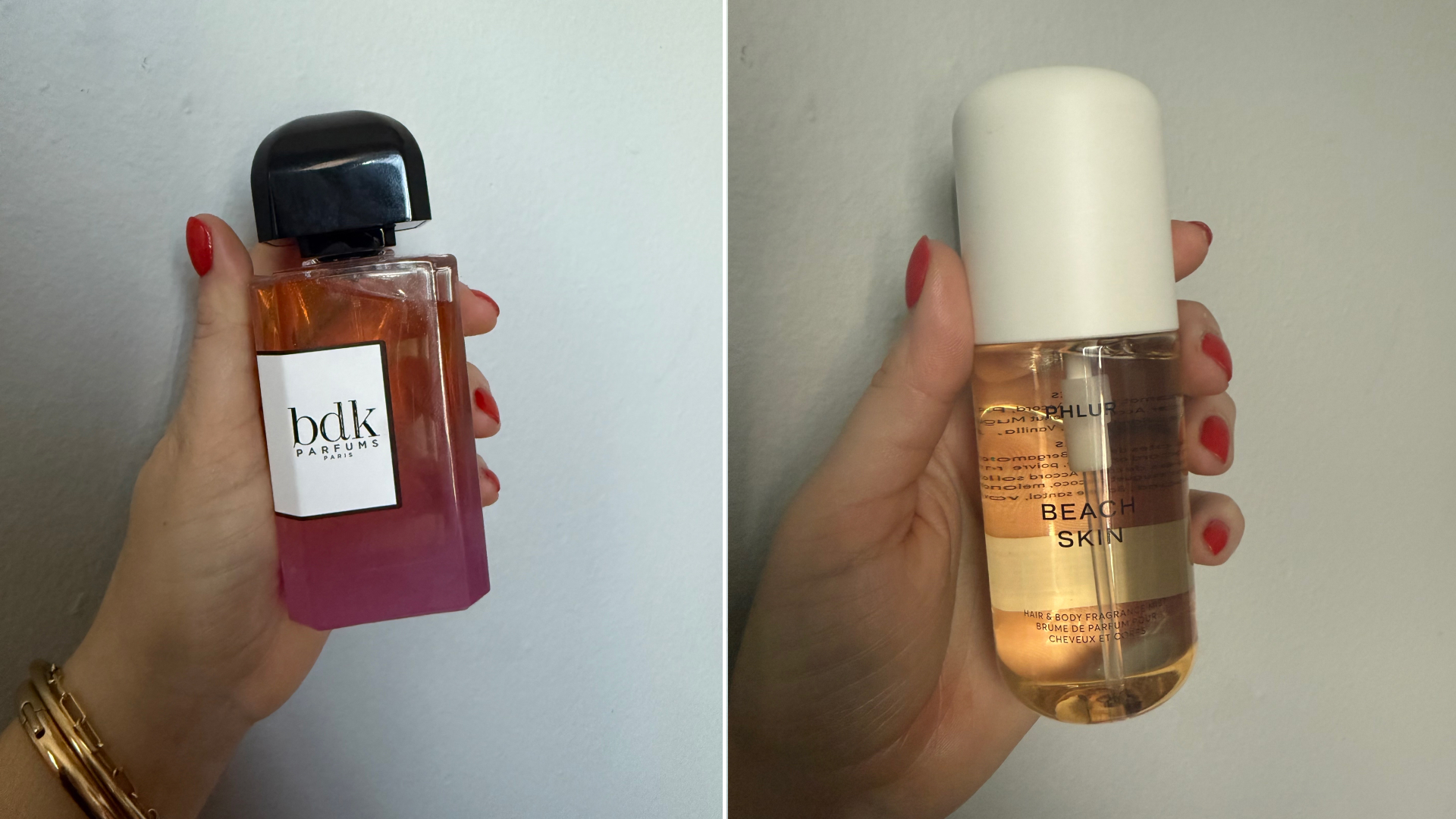 split image of hand holding up bdk impadia perfume bottle and phlur beach skin perfume mist against grey wall