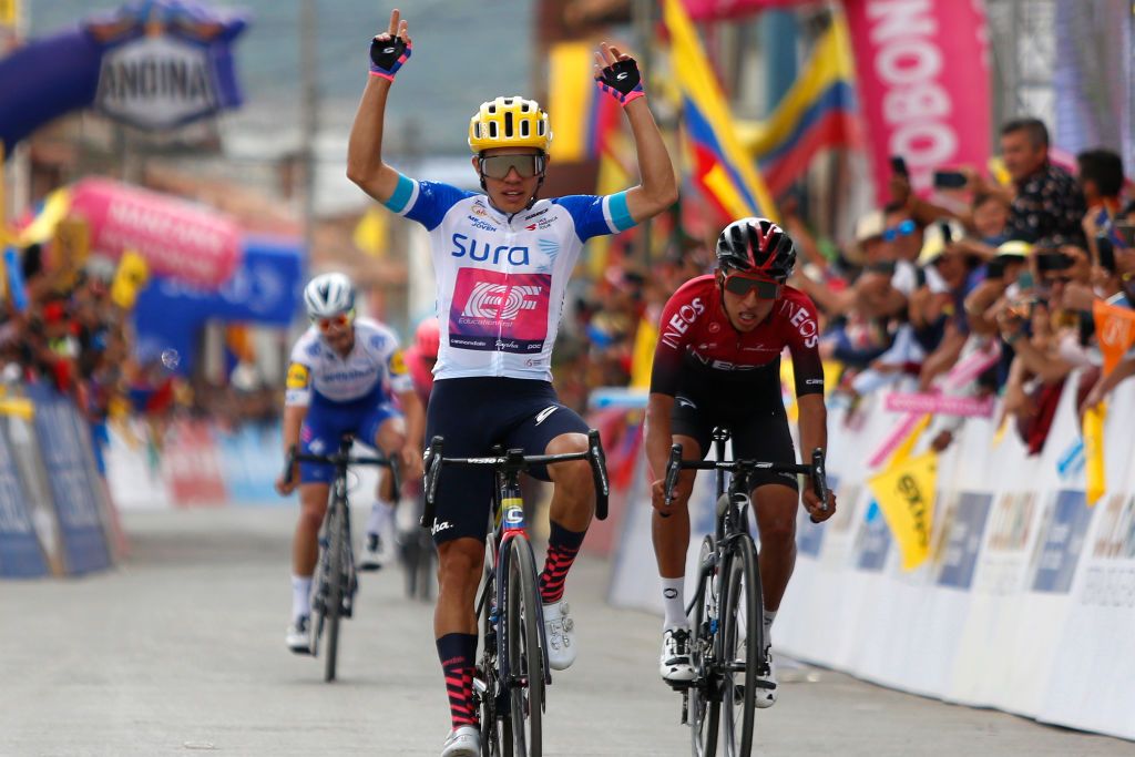 BOYACA COLOMBIA FEBRUARY 14 Arrival Sergio Andres Higuita Garcia of Colombia and Team EF Pro Cycling White Best Young Jersey Celebration Egan Arley Bernal Gomez of Colombia and Team INEOS Julian Alaphilippe of France and Team Deceuninck Quick Step Public Fans during the 3rd Tour of Colombia 2020 Stage 4 a 1686km stage from Paipa to Santa Rosa de Viterbo Boyac 2751m TourColombiaUCI TourColombia2020 on February 14 2020 in Boyac Colombia Photo by Maximiliano BlancoGetty Images