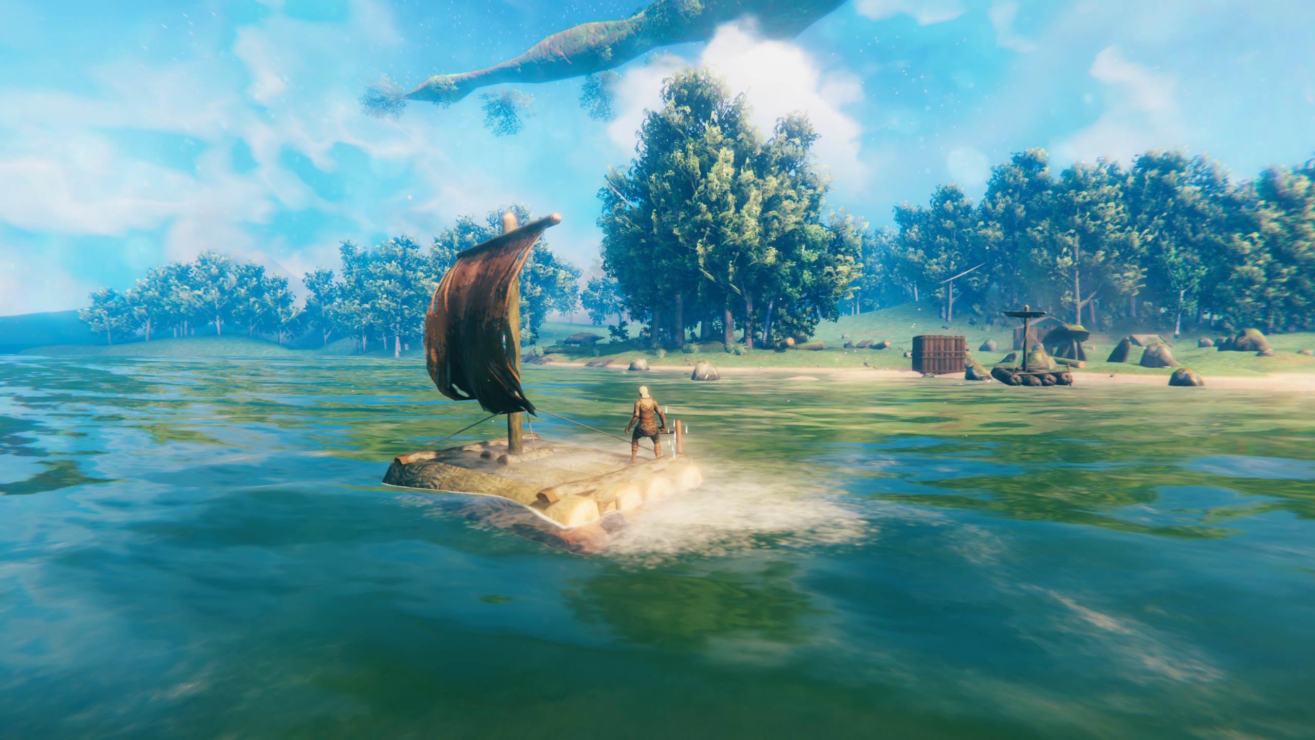 Viking sailing a small raft