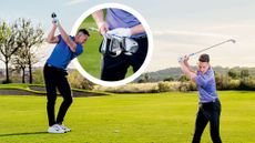 Gary Munro hitting a fairway wood and a long iron from the fairway, with an inset image of a fairway wood, a long iron and a hybrid