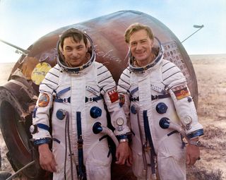 Soyuz 31 crewmates Valery Bykovsky and Sigmund Jähn are seen after landing in Kazakhstan in September 1978.