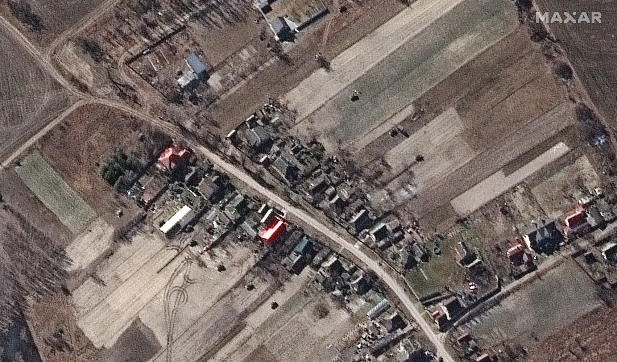 The military deployment of armored vehicles in residential area of Ozera, Ukraine on March 11, 2022 as seen by the WorldView-2 satellite for Maxar Technologies.