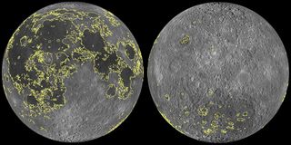 A comparison of the distribution of volcanic deposits, known as mare basalts, on the near side (left) and the far side (right) of the moon. People on Earth only view the moon's near side when they look up to the sky because the natural satellite is tidally locked with the blue planet.
