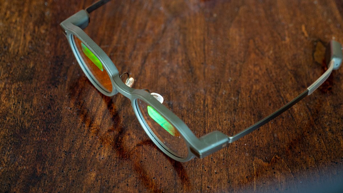Even Realities G2 smart glasses green tinted displays from a top angle