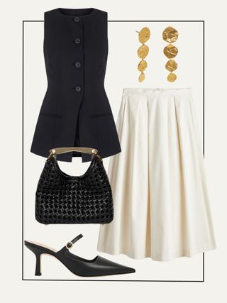 Collage of waistcoat, white skirt, earrings, handbag, mules