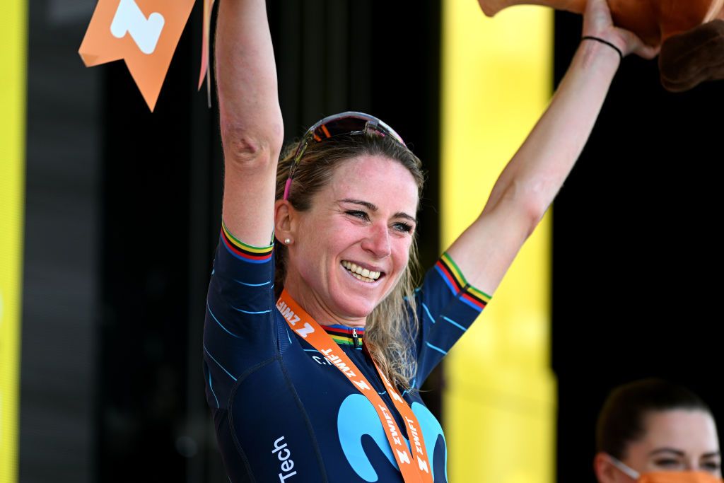 LE MARKSTEIN FRANCE JULY 30 Annemiek Van Vleuten of Netherlands and Movistar Team celebrates winning the stage on the podium ceremony after the 1st Tour de France Femmes 2022 Stage 7 a 1271km stage from Slestat to Le Marksteinc TDFF UCIWWT on July 30 2022 in Le Markstein France Photo by Dario BelingheriGetty Images
