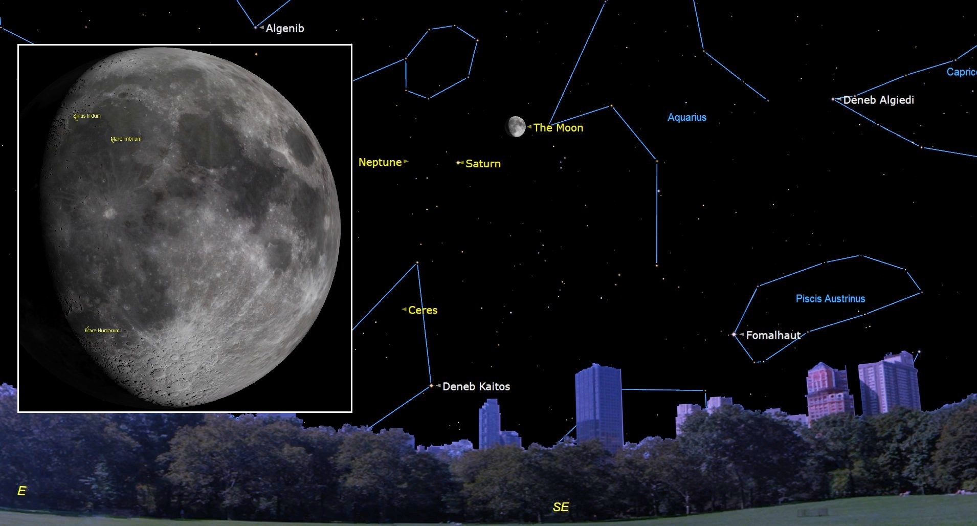 A star map of the night sky over a series of tall buildings, with Neptune and Uranus labeled and a white boxout of a close up of the moon on the left side of the image
