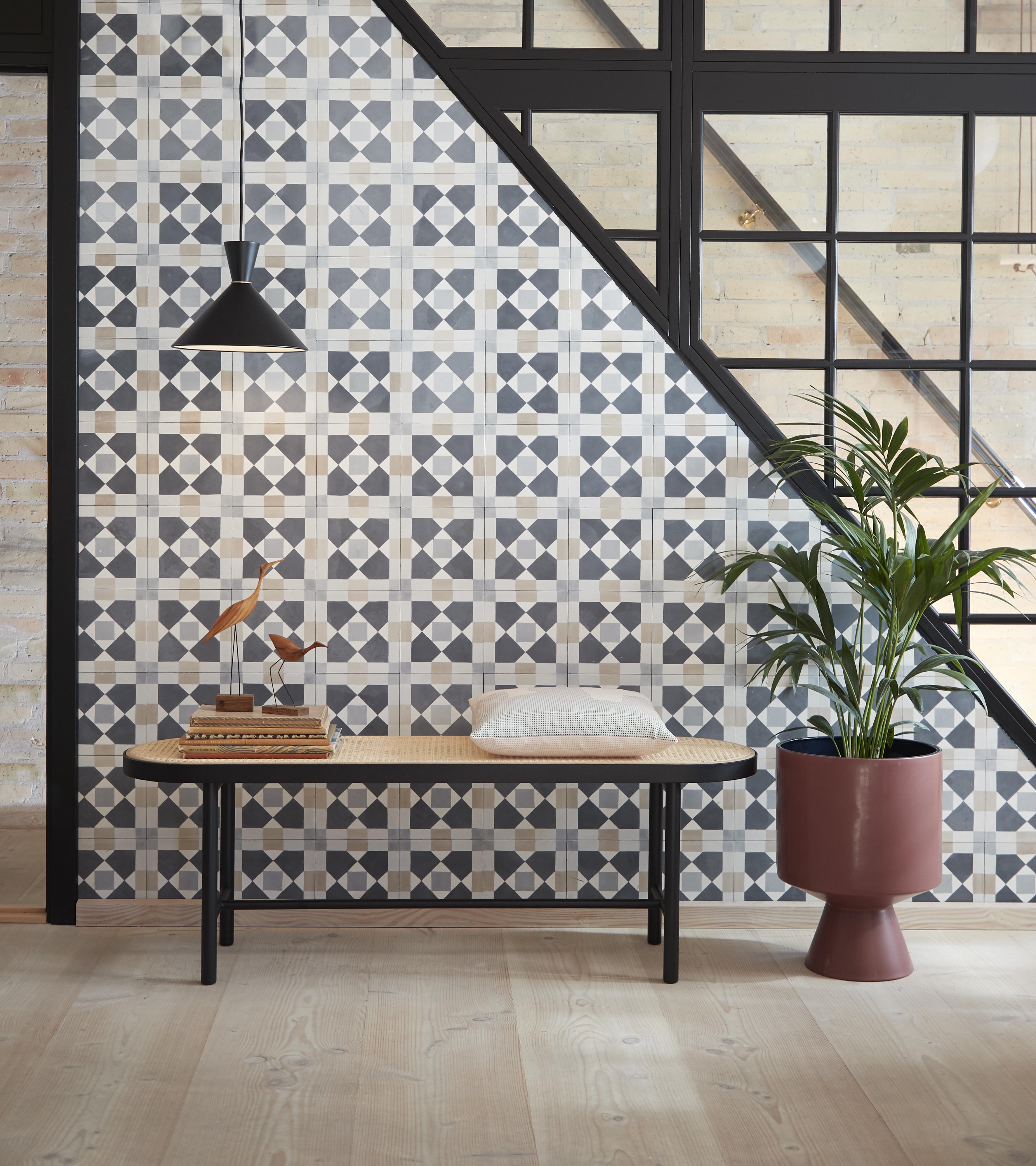 hallway ideas: space with tile-inspired wallpaper