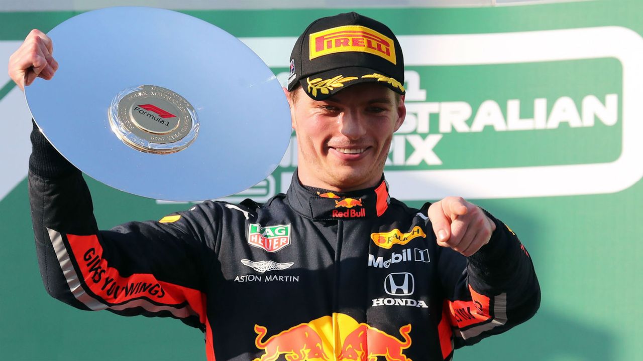 Red Bull’s Max Verstappen celebrates his third-place finish at the 2019 F1 Australian GP