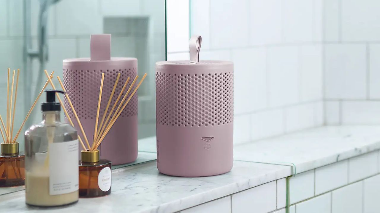 Pink Absodry dehumidifier on bathroom shelf