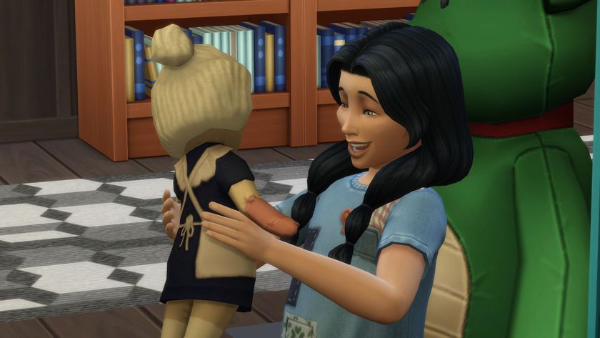 A child Sim holding an Imaginary Friend from The Sims 4: Adventure Awaits 