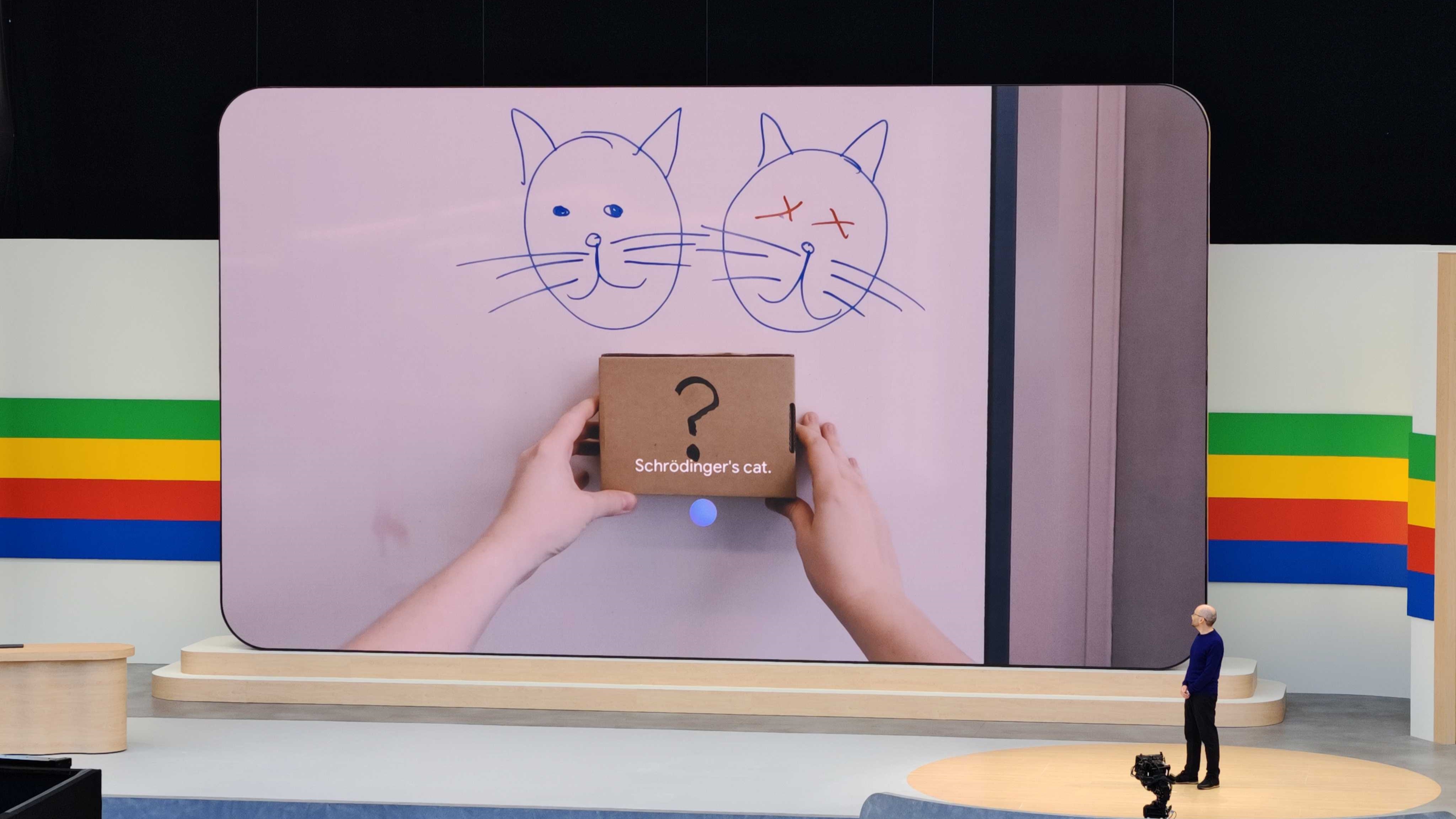 Google Gemini의 프로젝트 Astra는 다음과 같이 말합니다. "슈뢰딩거의 고양이" 그려진 고양이 두 마리와 물음표가 적힌 상자를 보면서