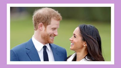 Harry and Meghan smiling at each other while they attend an official photocall to announce their engagement at The Sunken Gardens, Kensington Palace on November 27, 2017 in London, England. Prince Harry and Meghan Markle have been a couple officially since November 2016 and are due to marry in Spring 2018/ in a purple template