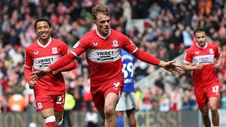 Tommy Conway celebrates after scoring the fifth goal during the Sky Bet Championship match between Middlesbrough and Watford at Riverside Stadium on April 25, 2026. 