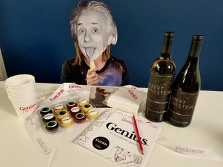 Space.com's Hanneke Weitering poses with Albert Einstein party favors from National Geographic.