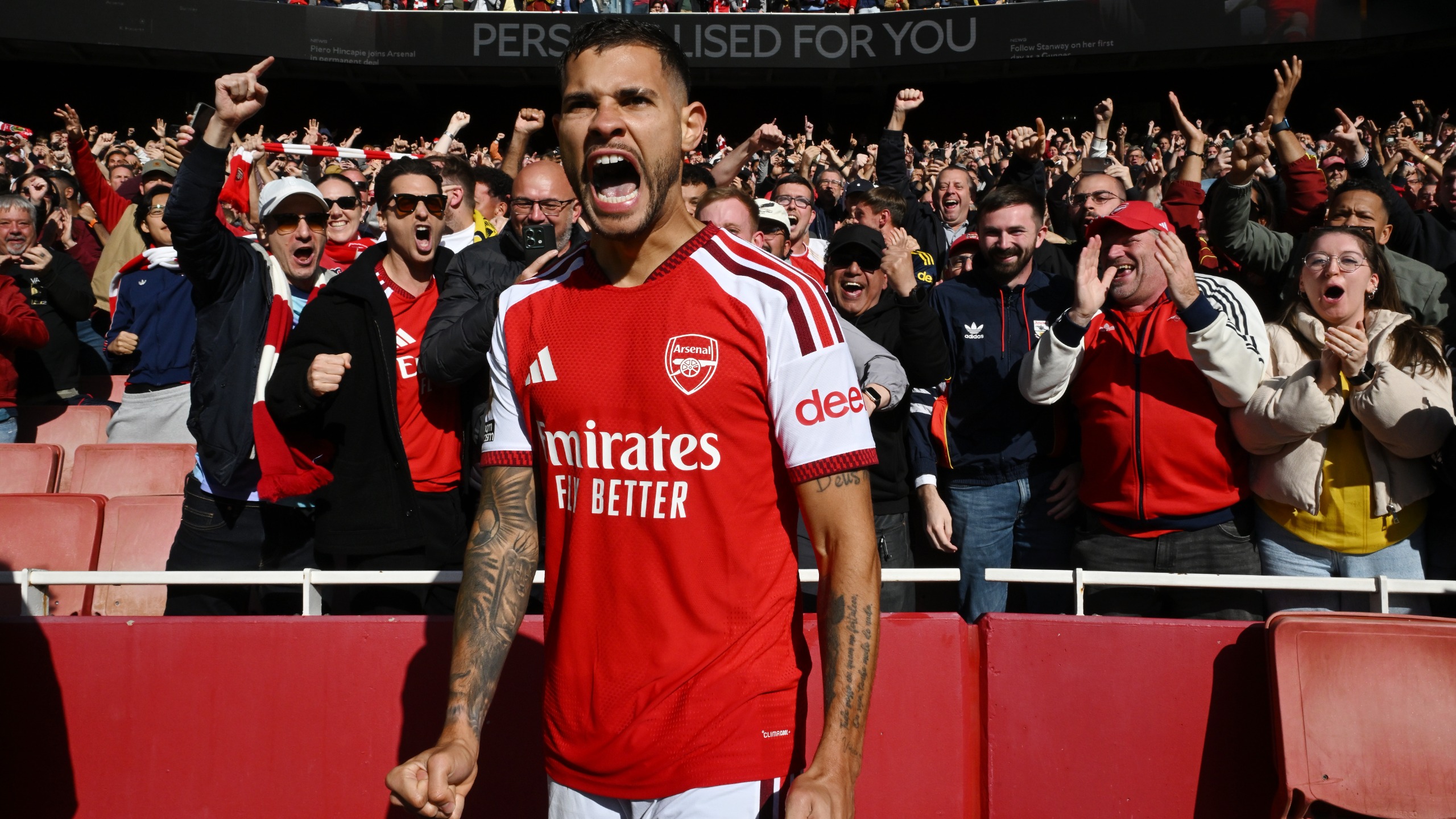 Bruno Guimaraes of Arsenal celebrates scoring his team&rsquo;s second goal during the Premier League 2026/27 match between Arsenal FC and Leeds United at Emirates Stadium on October 10, 2026 in London, England.