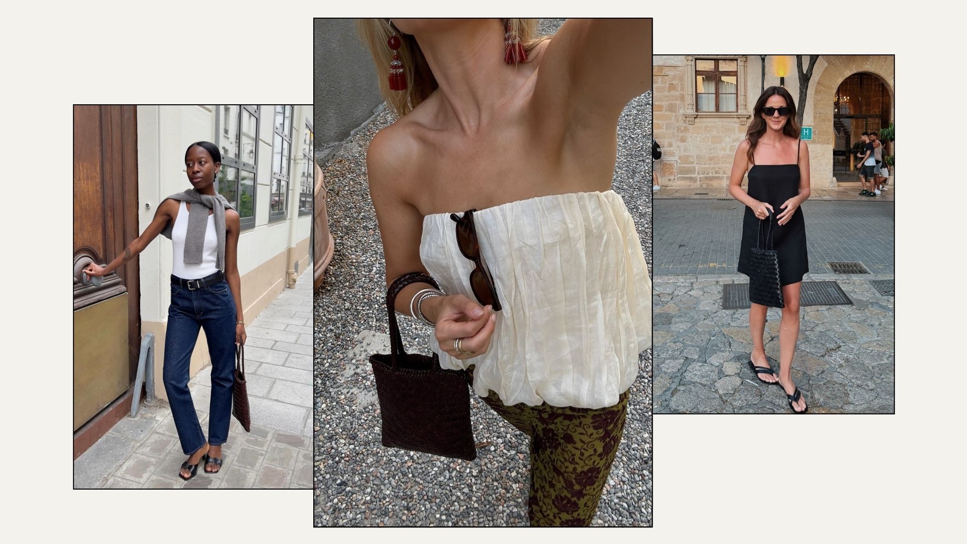 Three women carry a black woven leather tote bag