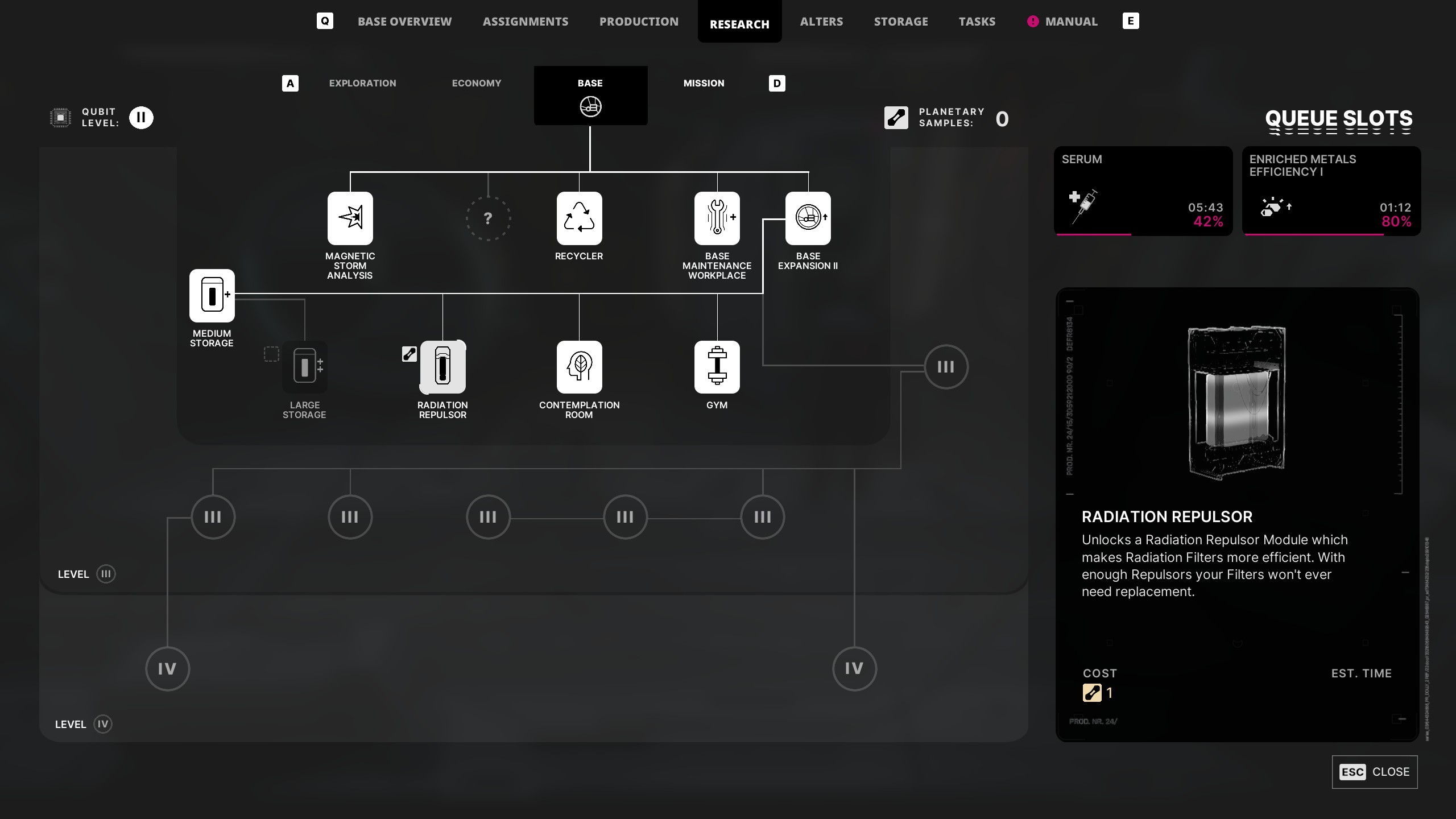 The Alters screenshot of the research screen.