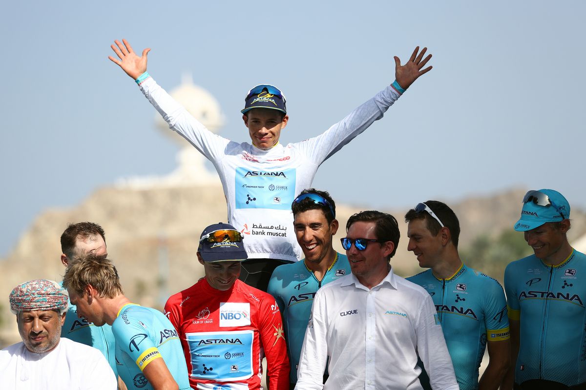 The winning Astana team enjoy the moment on the podium